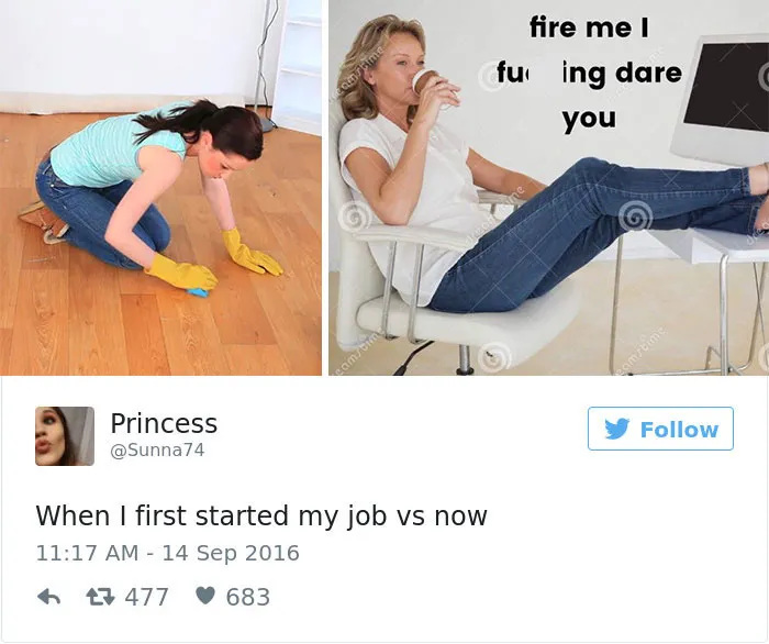 Two funny work memes comparing a woman cleaning floors to relaxing in a chair, highlighting job attitude changes.