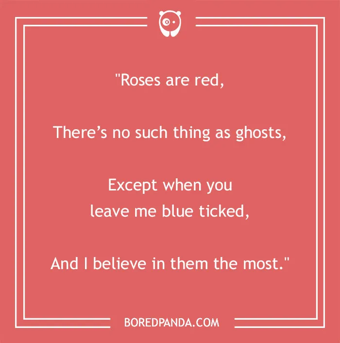 Funny "Roses Are Red" poem about ghosts and being left on read, on a red background from BoredPanda.
