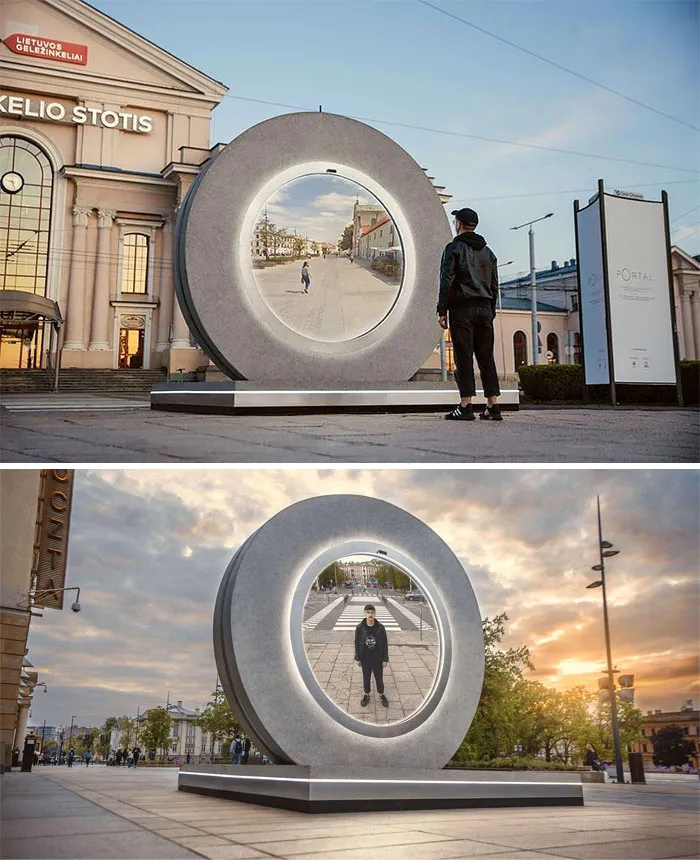 Esta escultura en Vilnius (Lituania) es un "portal" a Lublin (Polonia). La gente a ambos lados puede verse en tiempo real