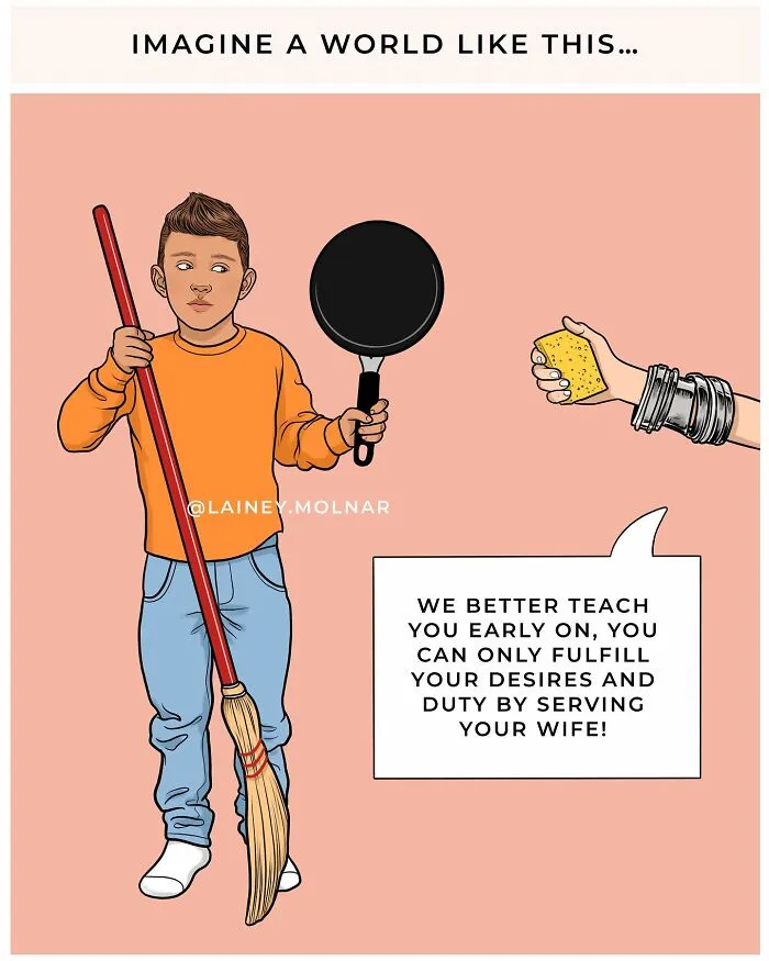 Artist Points Out Everyday Sexism By Placing Men In The Shoes Of Women (8 Pics)