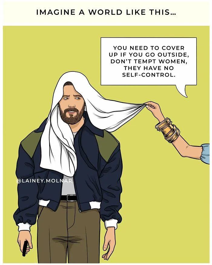 Artist Points Out Everyday Sexism By Placing Men In The Shoes Of Women (8 Pics)