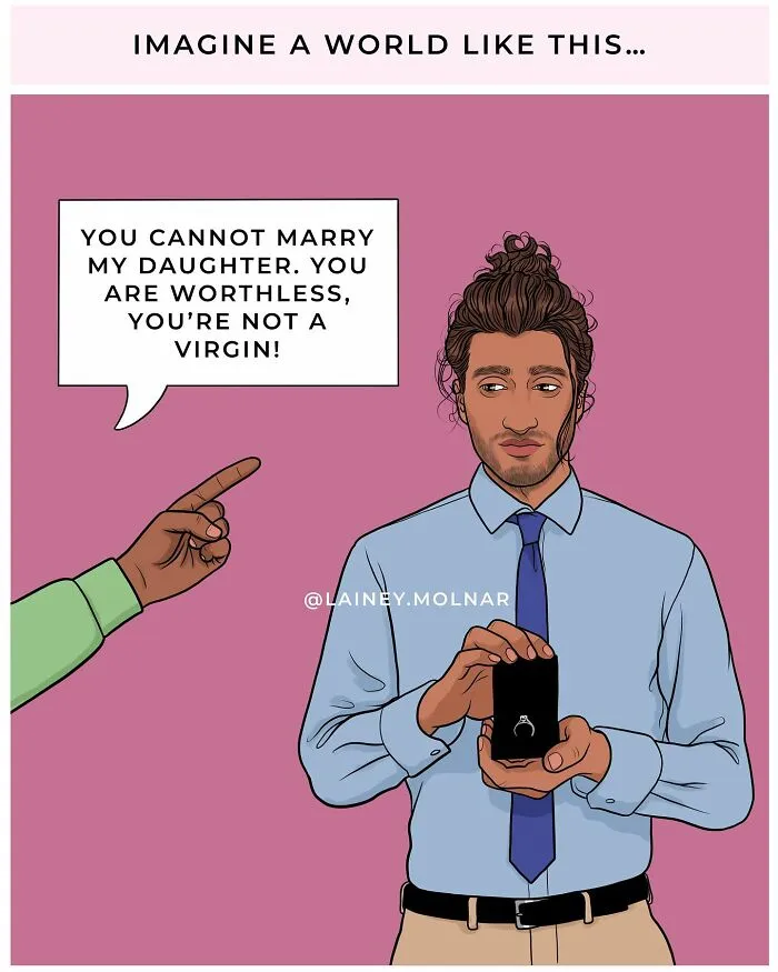 Artist Points Out Everyday Sexism By Placing Men In The Shoes Of Women (8 Pics)
