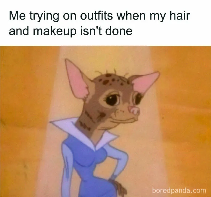 Cartoon dog in a blue dress looking unimpressed, representing introvert humor.