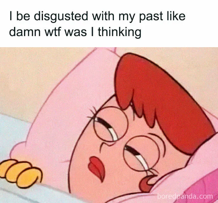 Cartoon character in bed, looking dissatisfied, with text expressing introvert humor about regretting past decisions.