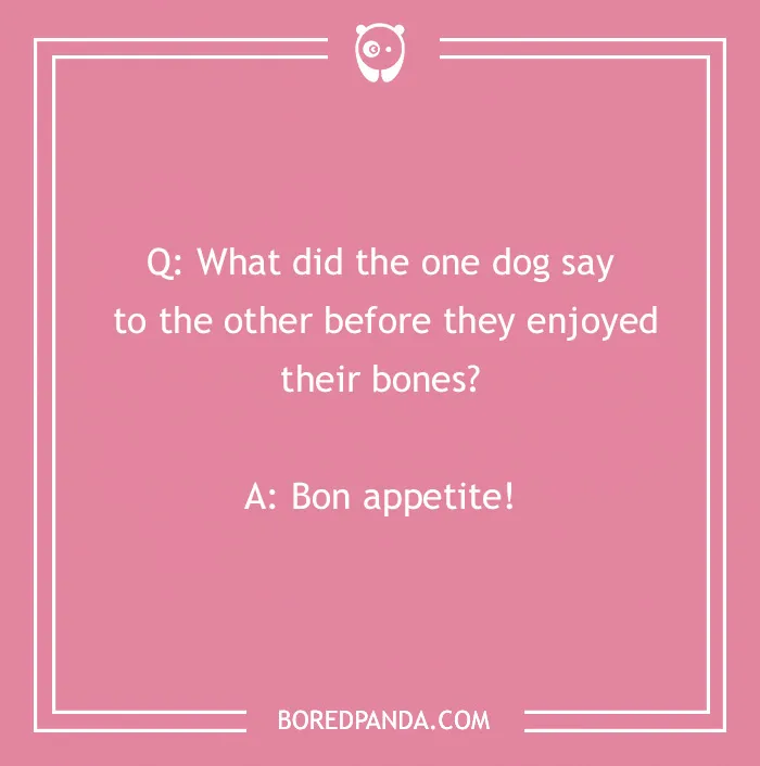 Dog joke about enjoying bones on a pink background.