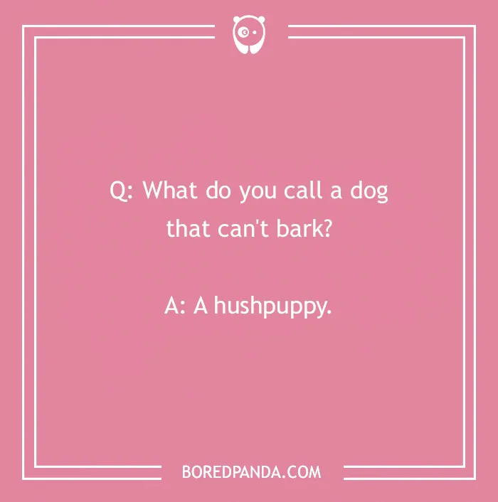 Dog joke on a pink background: "What do you call a dog that can't bark? A hushpuppy."