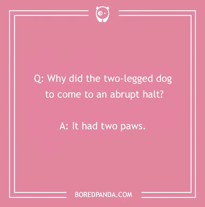 A pink background with a dog joke: "Why did the two-legged dog stop? It had two paws."