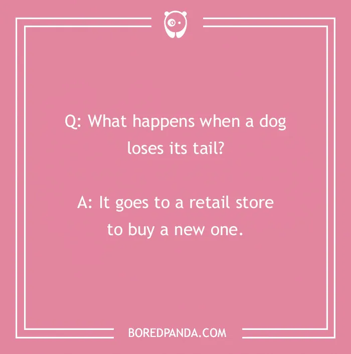 Dog joke on a pink background: "What happens when a dog loses its tail? It goes to a retail store to buy a new one."
