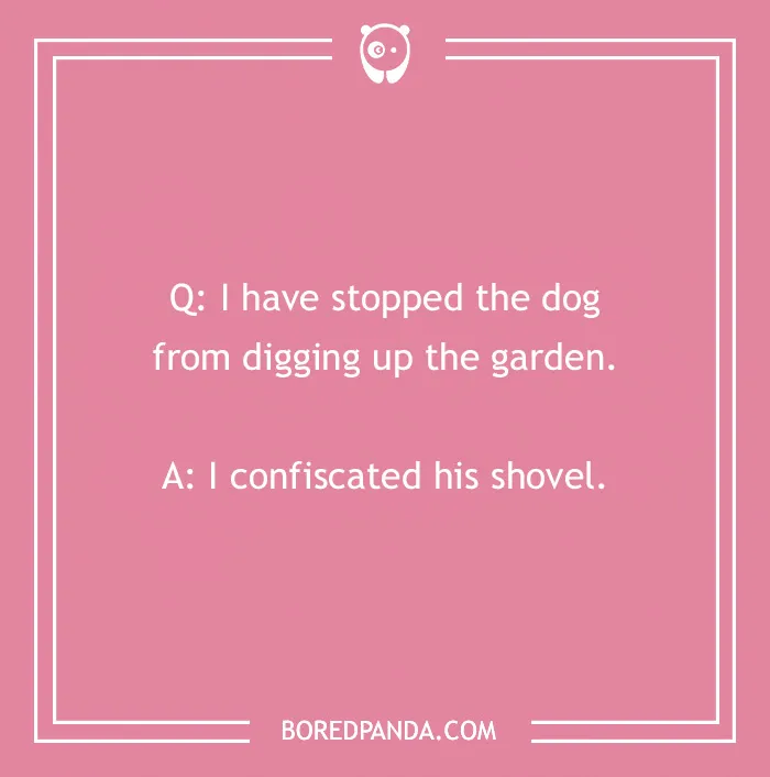 Dog joke on a pink background about stopping a dog digging by confiscating its shovel.