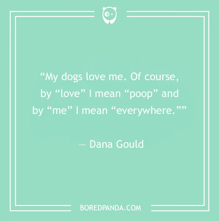 Quote by Dana Gould on a green background, from BoredPanda, joking about dogs and their antics.