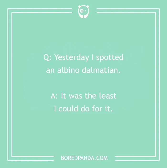 Dog joke text: "Q: Yesterday I spotted an albino dalmatian. A: It was the least I could do for it."