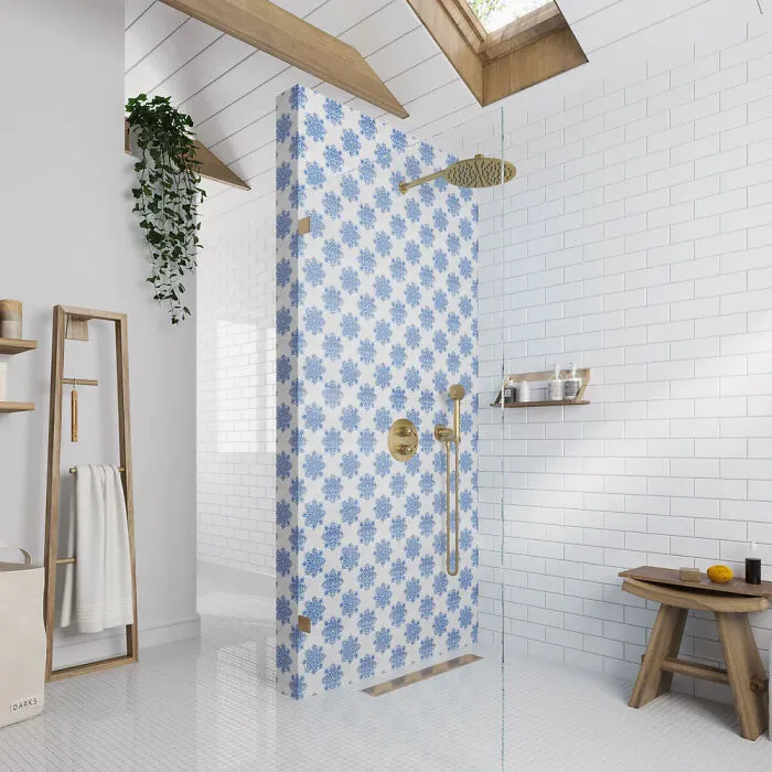 Walk-In Shower With Pale Blue Moroccan Tiles