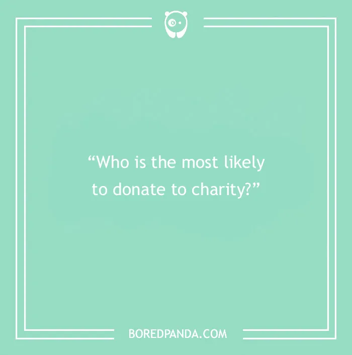 Question on a teal background asking about donating to charity, related to paranoia questions to find out thoughts.
