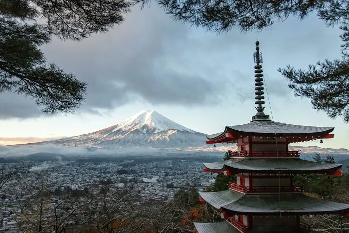 Red and Gray Pagoda Temple in Japan