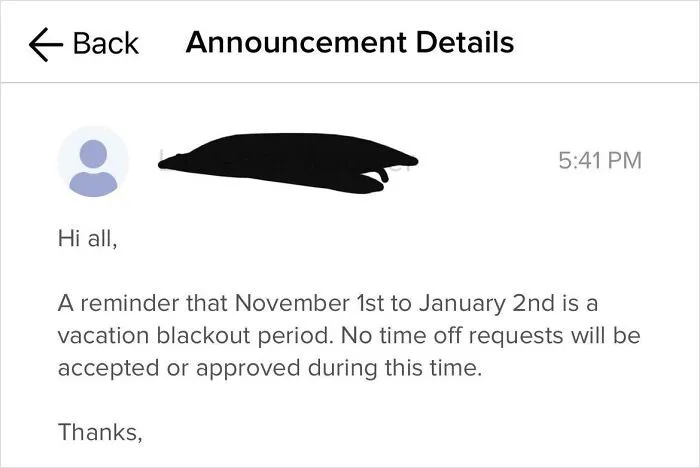 Vacation Blackout Period