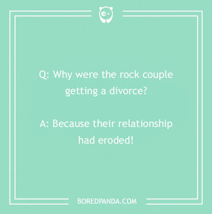 A humorous rock joke about a couple's relationship eroding is displayed on a mint green background.
