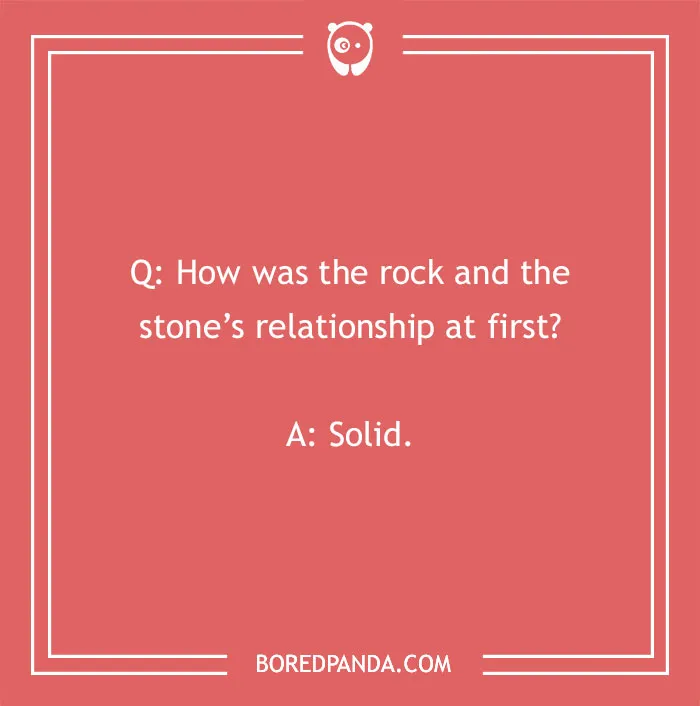 Rock joke about a solid relationship between a rock and stone, presented on a red background with Bored Panda logo.