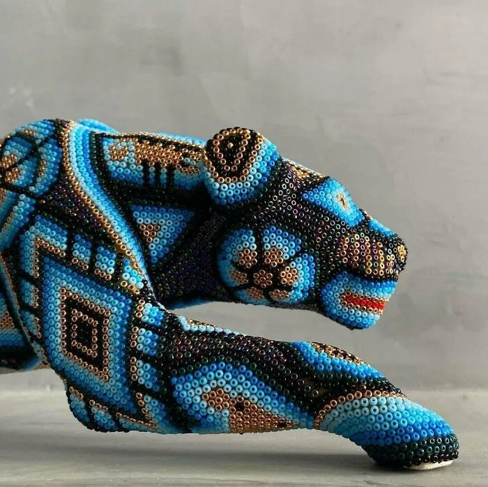 Jaguar Sculpture I Made! This Was Carved In Wood And Then Decorated With Thousands Of Crystal Beads, This Art Form Is Native To My Country, Called Huichol Art