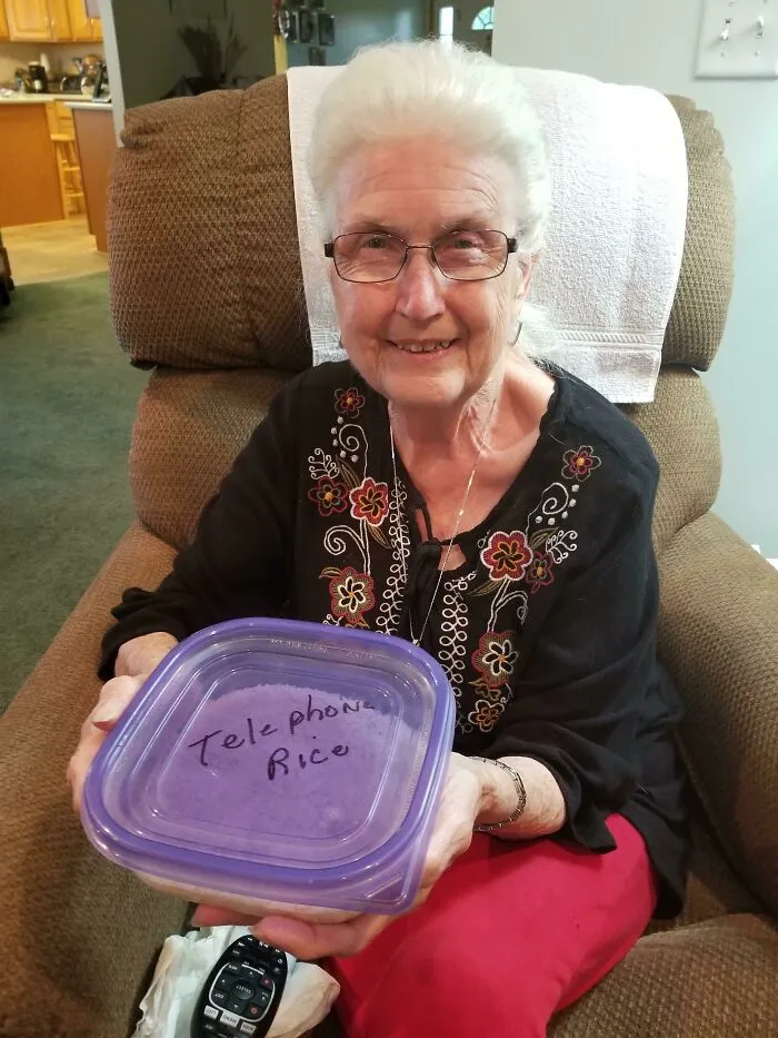 "Grandma, Do You Have Some Rice That I Can Put My Phone In? It Got Wet". She Pulls This Out Of A Cabinet
