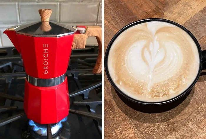 Red stovetop espresso maker and latte art in a black mug on wooden surface; Pinterest-worthy kitchen finds.