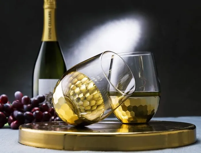 <span Style="Font:inherit;color:#d74b1f;"> MyGift Modern Stemless Wine Glasses Set Of 4</Span>: Elevate Your Drinking Experience With Sleek Design And Hammered Brass Metal Bottoms!