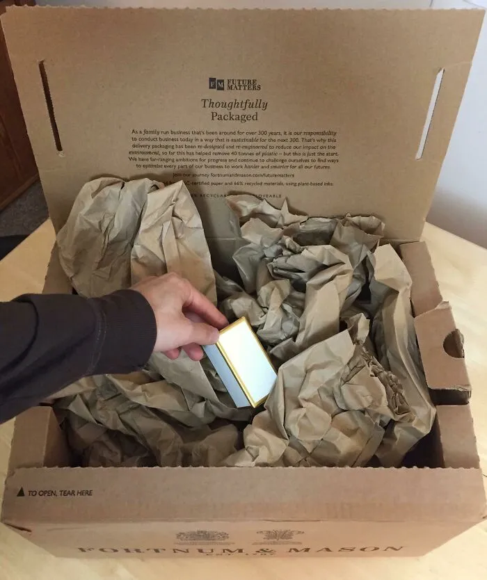 17-Inch Box For A 2-Inch Item, Including Whole Printed Spiel That It Was “Thoughtfully Packaged” To “Reduce Impact”
