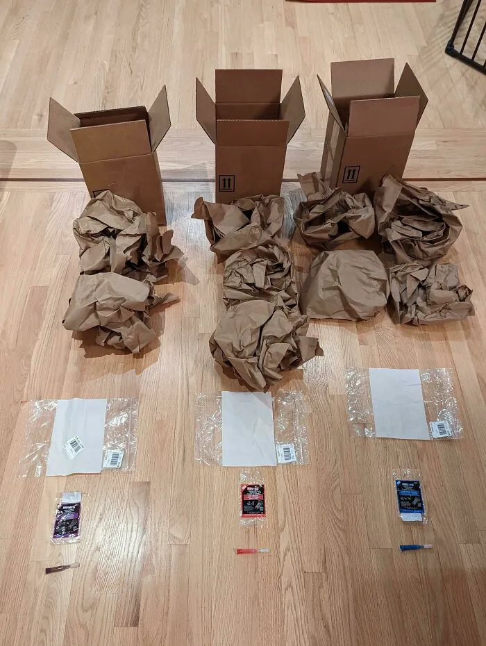 47,785ml Of Packaging For 5.4ml Of Product. These Boxes All Came From The Same Warehouse Together