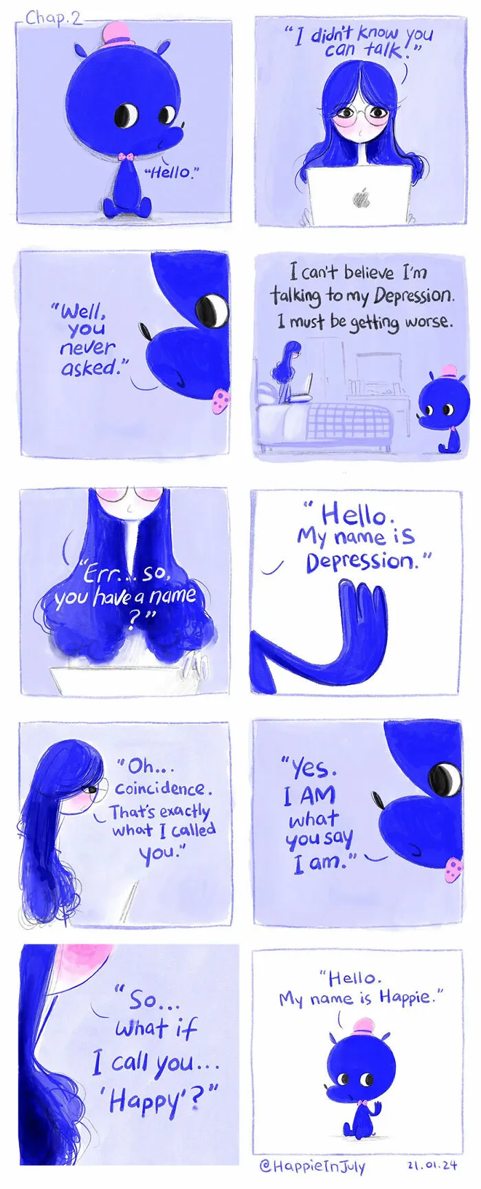 I Created A Webcomic About A Depression Named Happie And A Girl Named July, And How They Learn To Live With Each Other