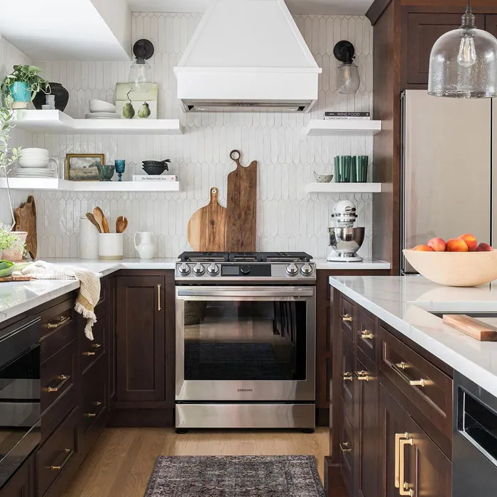Go With Wooden Brown Kitchen Cabinets And White Tiles