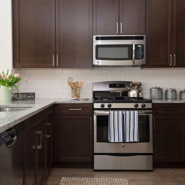 Try Modern Espresso Kitchen Cabinets With Granite Countertop