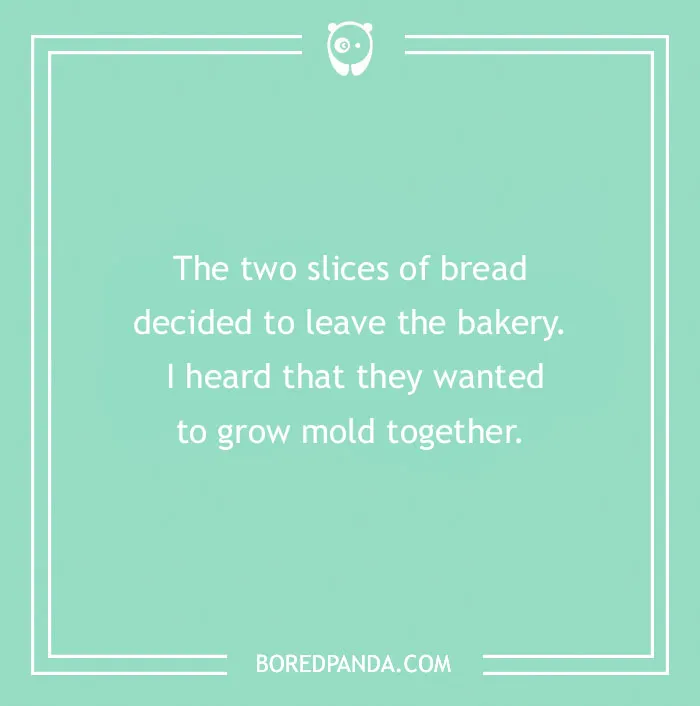 Text on pastel background with a bread pun about slices leaving the bakery to grow mold together.