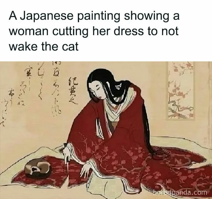Ancient Japanese Art Of Woman And Sleeping Cat