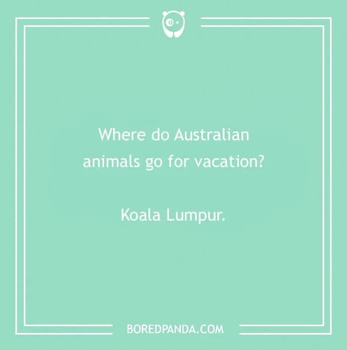 Green image with a funny country joke about Australian animals vacationing in "Koala Lumpur."