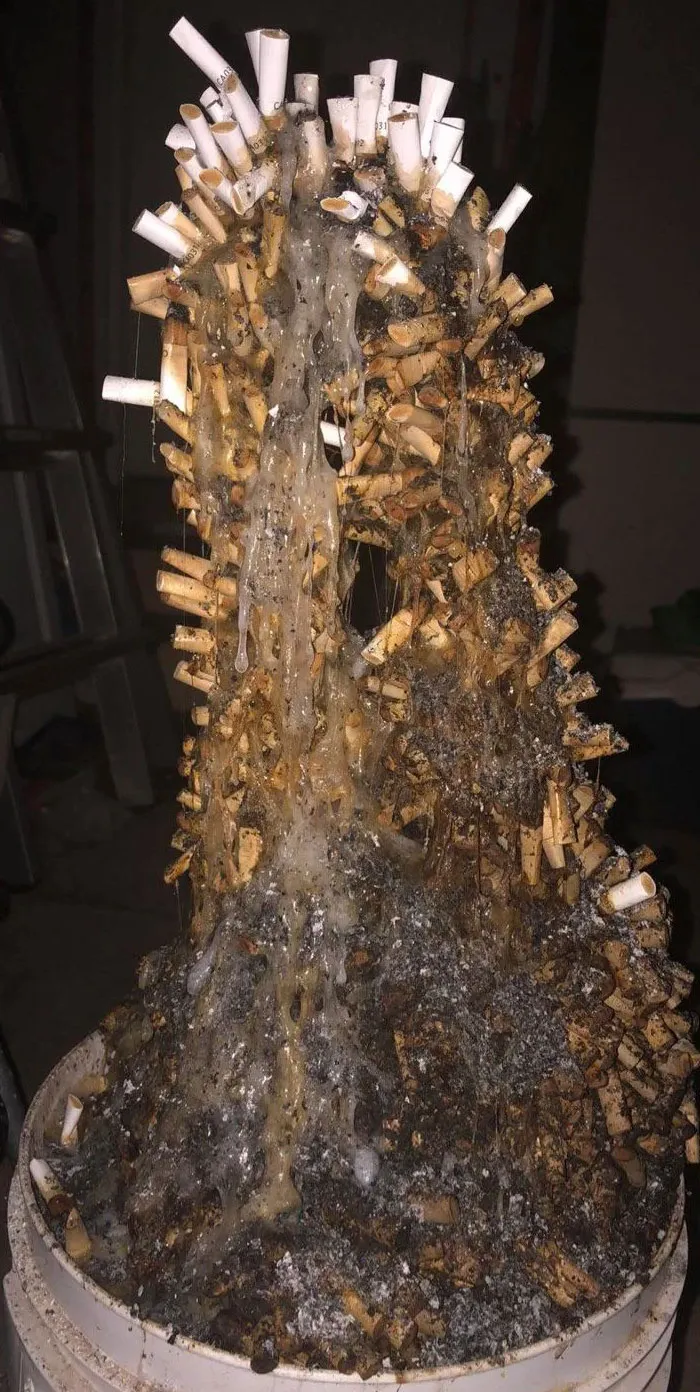Torre hecha con tabaco de mascar escupido y colillas