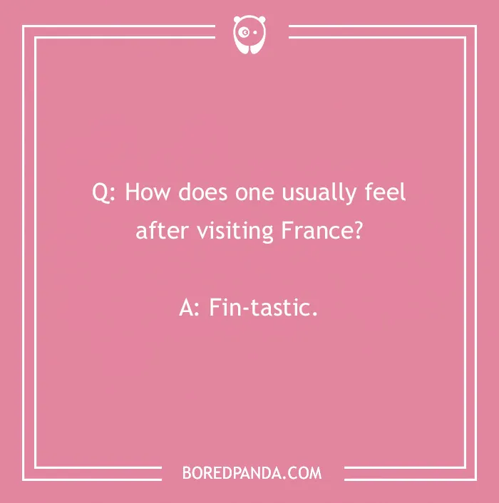 Image with a punny French joke: "How does one usually feel after visiting France? Fin-tastic."
