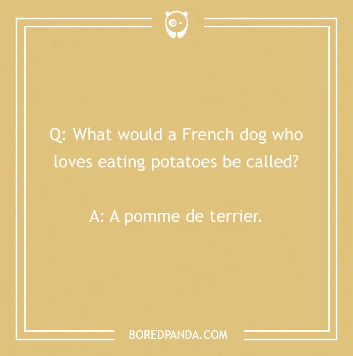 French joke about a dog who loves potatoes, with humorous punchline: "A pomme de terrier."