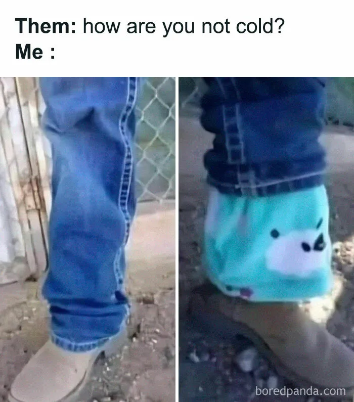 Introvert meme showing jeans with hidden fleece pajama layer, highlighting humor in staying warm discreetly.