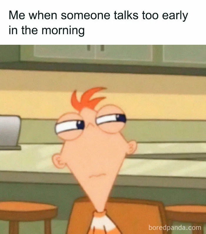 Cartoon character with tired expression, representing introvert memes humor about early morning conversations.