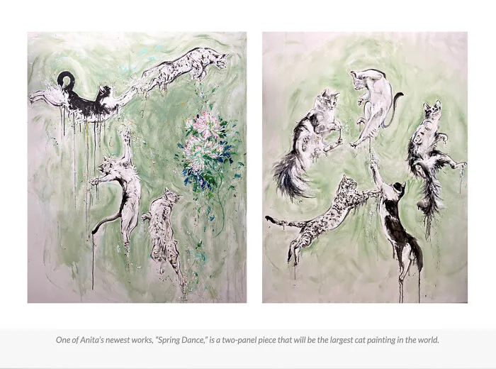The Largest Cat Painting In The World Titled "Spring Dance" Is A Two Panel Piece Painted With Ink And Acrylic On Canvas. The Panel Size Is 6 Foot X 10 Foot
