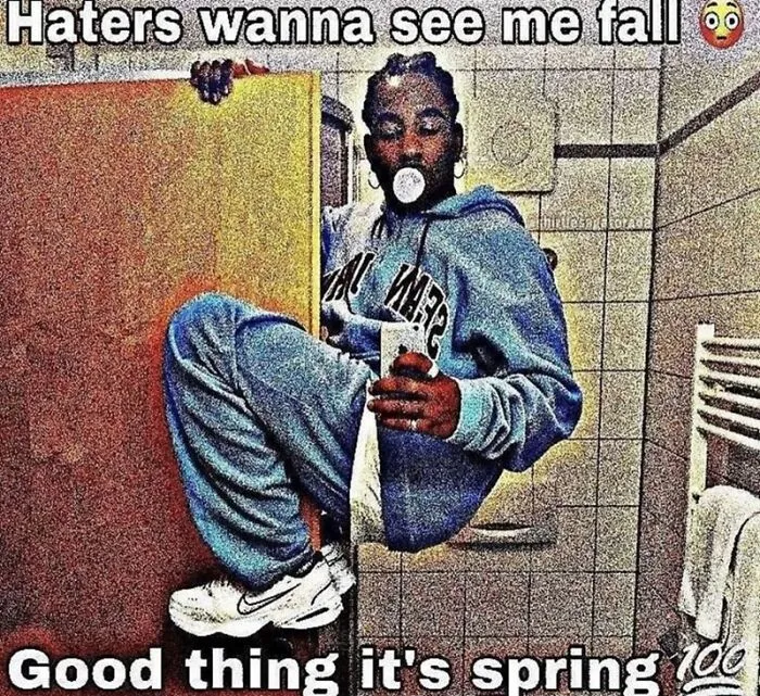 Person in a bathroom, wearing athletic wear, holding a phone, with a text about spring humorously displayed above and below.