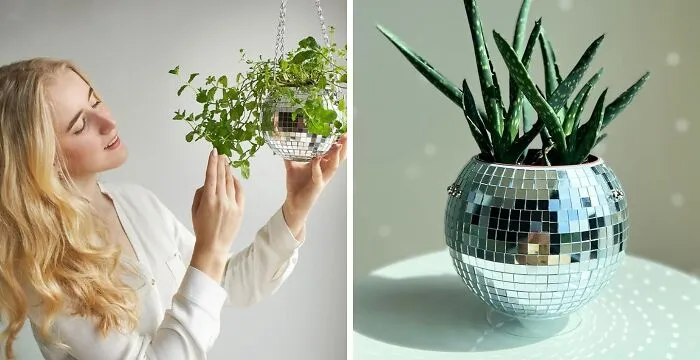 Bring A Touch Of Glam To Your Space With <span Style="Font:inherit;color:#d74b1f;"> The Mirror Disco Planter</Span>: Complete With Chain, Macrame Hanger, And Acrylic Stand For Desk Décor!