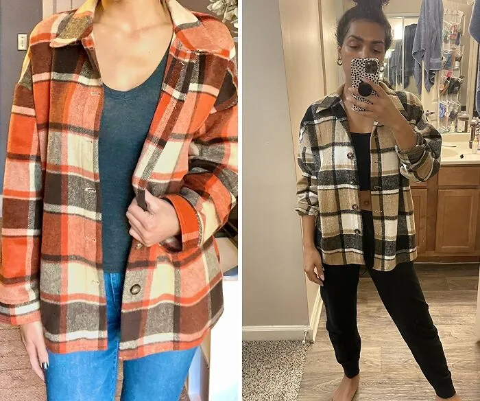 Step Into Autumn Style With Fall Color Block <span Style="Font:inherit;color:#d74b1f;"> Plaid Flannel Shacket Jacket</Span>: A Versatile Button-Down Shirt Coat For Trendy Tops