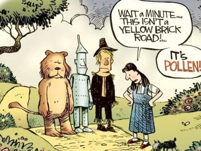 Characters from Wizard of Oz confused by pollen road, adding a humorous take on spring's joys and flaws.