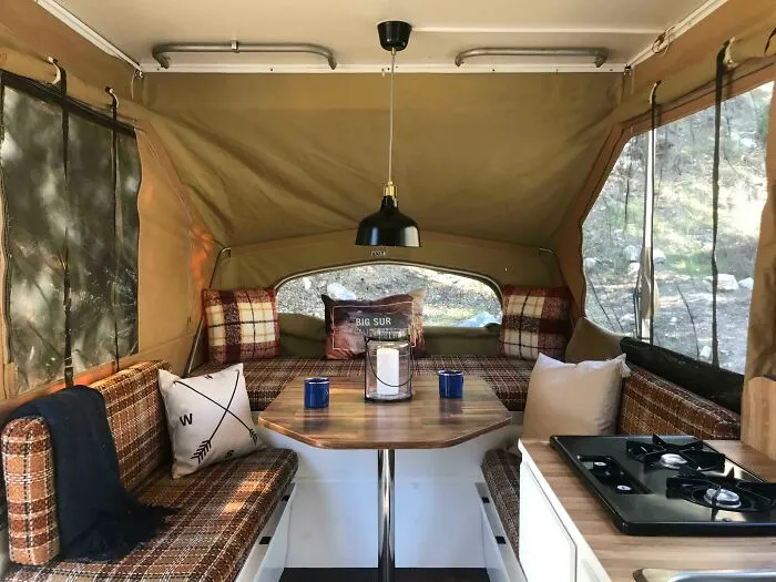 Went From A 2-Person Backpacking Tent To This 1981 Pop-Up Trailer That I Inherited From My Grandpa. Feels So Elegant