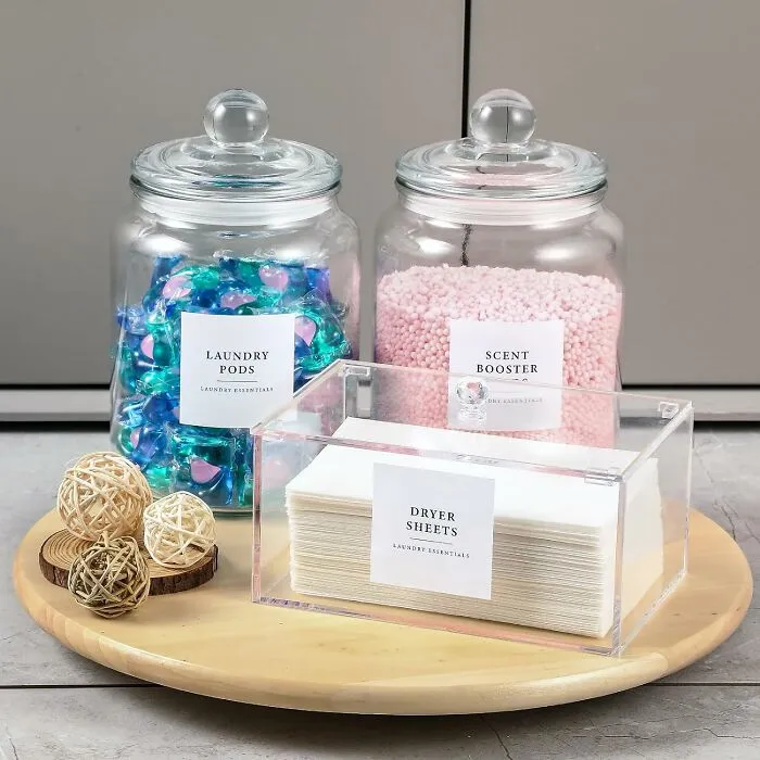 Laundry Room Upgrade: <span Style="Font:inherit;color:#d74b1f;"> Glass Jars, Labels, And A Dash Of Acrylic Magic </Span> For Stylish Storage Fun!