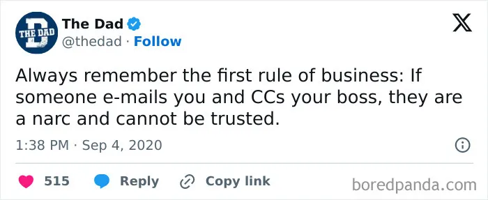 Funny work meme about CCing your boss in emails being untrustworthy, shared by The Dad.