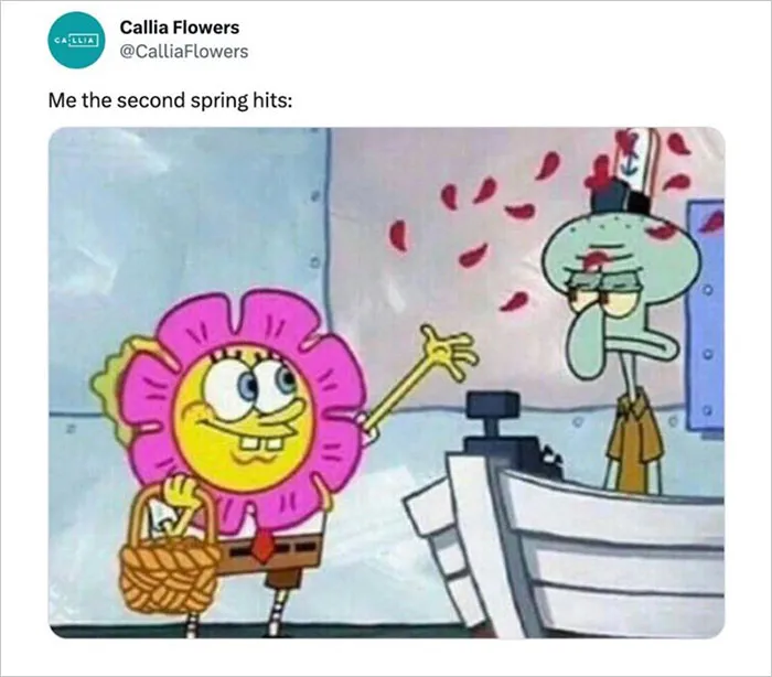 Cartoon character in flower costume joyfully welcomes spring, spreading petals around a grumpy friend.