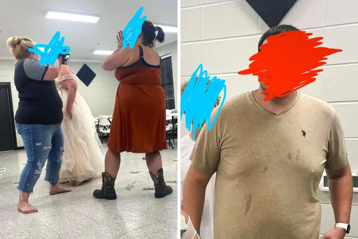 El novio con su camiseta llena de manchas durante los votos