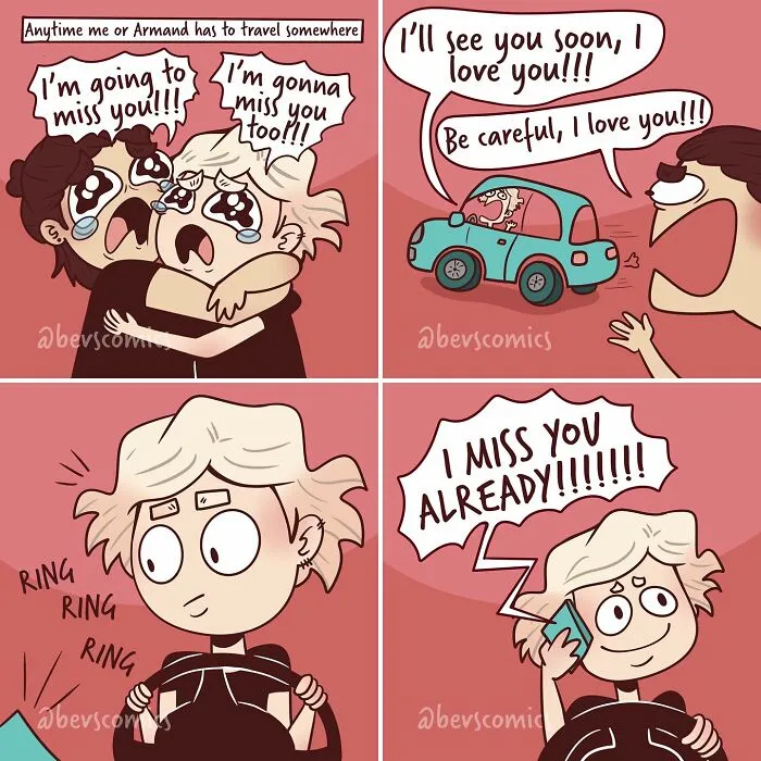 Relatable comics showing emotional goodbyes and immediate longing when traveling, capturing life's quirks.