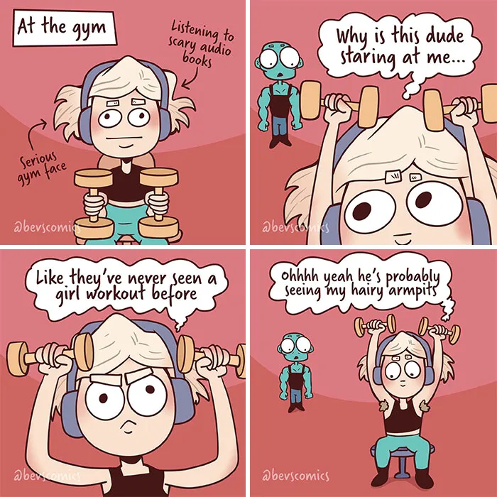 Relatable comics of a person working out at the gym, self-conscious about hairy armpits, depicting life's quirks.